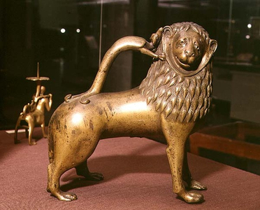 Aquamanile (water bottle), cast in form of standing lion, Flemish, 13th century