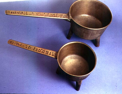 English skillets, probably bell metal, inscribed along handles and dated 1684