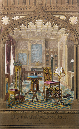 Pugin's gothic furniture (pl. 177) from Ackermann's Repository of Arts, Literature, Commerce, Manufactures, Fashion and Politics, published from 1809-28