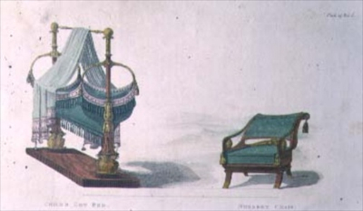 Child's cot bed and nursery chair (pl. 8) from Ackermann's Repository of Arts, Literature, Commerce, Manufactures, Fashion and Politics, Published from 1809-28