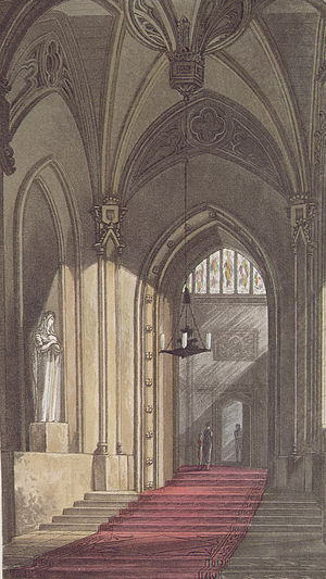 Gothic Staircase and Vestibule (pl. 48) from Ackermann's Repository of Arts, Literature, Commerce, Manufactures, Fashion and Politics, Published from 1809-28