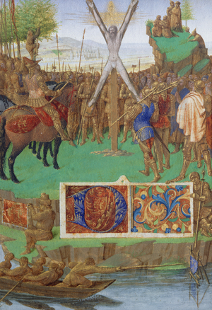 Ms Fr 71 fol.30 Martyrdom of St. Andrew before the Proconsul Egeas,  from the Hours of Etienne Chevalier, c.1445 (vellum)