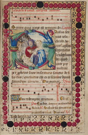 Ms 48/1605 fol.4r The Nativity with musical notes, from 'Rituel et Ceremonial a l'Usage de Renee de Bourbon, Abbesse de Fontevrault' (vellum)