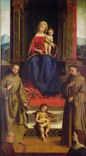 The Virgin and Child Enthroned with St. Francis, St. Anthony and Two Donors, c.1510-11 (oil on panel)