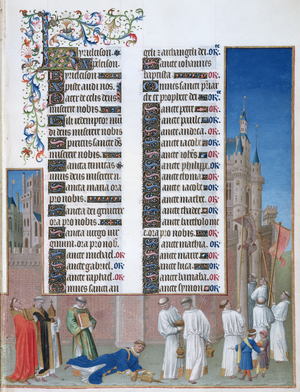 Ms 65/1284 f.72r The Procession of St. Gregory to cure Rome of the Plague, right hand section, from the 'Tres Riches Heures du Duc de Berry' (vellum)