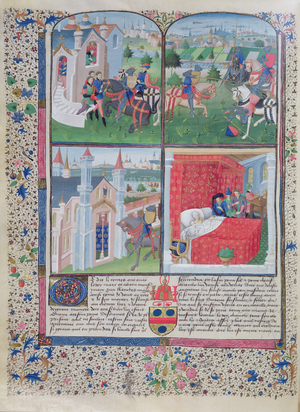 Ms 648/404 Battle between two knights and a man on his deathbed, from Roman des Chevaliers Galaad, Tristan et Lancelot (vellum)