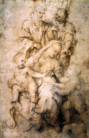 The Virgin and Child, the infant St. John and two saints - study for a Holy Family, after restoration (sepia ink & wash)