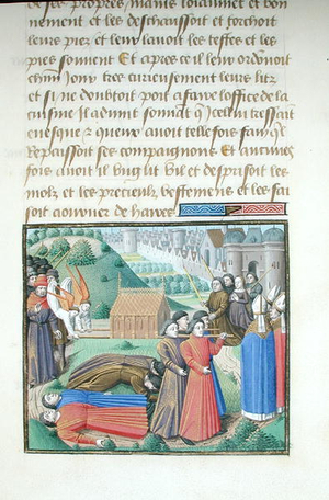 Ms 722/1196 fol.69r Moving the Body of a Saint, from Le Miroir Historial, by Vincent de Beauvais (vellum)