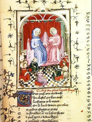 Ms 494/567 f.34 Lords with their Entourage in a Castle, from 'Le Livre de la Mutation de Fortune' by Christine de Pisan (1365-1430) (vellum)