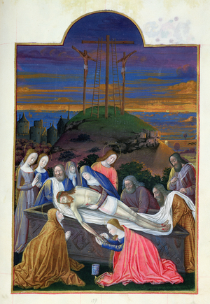 Ms 65/1284 f.157r The Entombment of Christ with the Virgin, St. John, Mary Magdalene, Nicodemus, Joseph of Arimathea, from Tres Riches Heures du Duc de Berry, early 15th century (vellum)