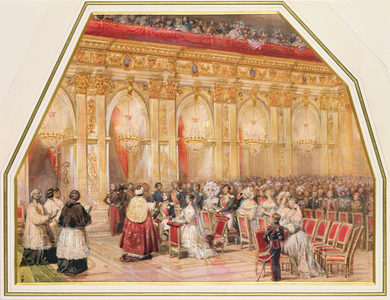 The Marriage of Ferdinand-Philippe (1810-42) duc d'Orleans and Helene-Louise de Mecklembourg (1814-58) in the Grand Chapel of Fontainebleau, 1837 (w/c on paper)