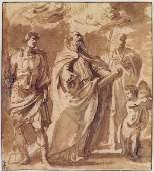 St. Gregory of Nazianzus (c.335-390) St. Maurice (d.c.287) and St. Papien (pen & ink and gouache on paper)