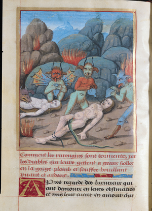 Ms. 146/1513 Drunkards and the Lustful in Hell, from the Treasury of Wisdom by Jean Charlier de Gerson (1363-1429) (vellum)