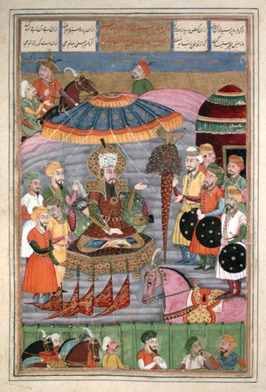 Ms 607/1144 fol.11v Sohrab Looking at the Tent of Rostam, illustration from the 'Shahnama' (Book of Kings), by Abu'l-Qasim Manur Firdawsi (c.934-c.1020) (gouache on paper)
