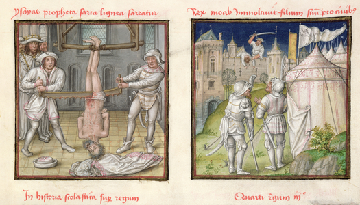 Ms 139/1363 fol.24r The execution of Isaiah and Mesha, King of Moab, sacrificing his son, from 'Le Miroir de l'Humaine Salvation' (vellum)