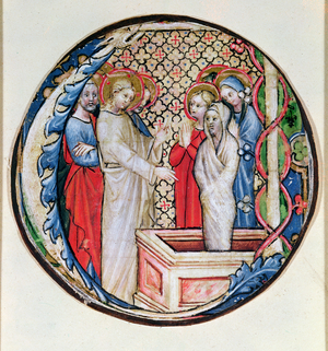 Historiated initial 'O' depicting the Resurrection of Lazarus, from a choir book (vellum)
