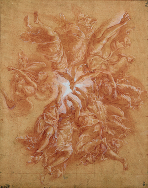 The Angels Showing the Star to the Magi, study for the ceiling of the chapel of the Hotel de Guise, c.1555-60 (red chalk & gouache on paper)