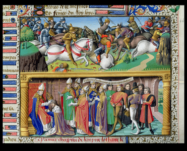 Ms 722/1196 f.245r Battle Scene and the Coronation of Lothair II (1075-1137) King of Germany and Holy Roman Emperor, from Le Miroir Historial, by Vincent de Beauvais (vellum)