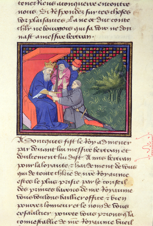 Ms 490/465 fol.45v Bertrand du Guesclin (1320-80) is made a Constable of France by Charles V (1338-80) from the Story of Ogier the Dane (vellum)