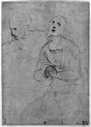 Kneeling draped female figure (recto) (pen & brown ink on paper) (b/w photo)