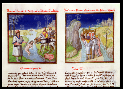 Ms 139/1363 f.14r Elijah Healing Naaman of Leprosy and the People of Israel Crossing the River Jordan under the Leadership of Joshua, from 'Le Miroir de l'Humaine Salvation' (vellum)