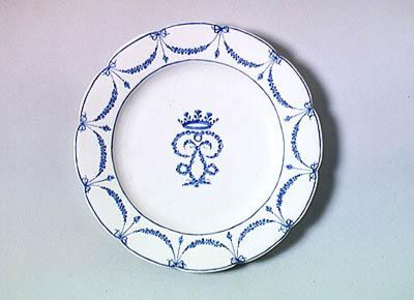 Plate from the Villers-Cotterets service with a monogram and garland of roses in blue monochrome, c.1775 (porcelain)