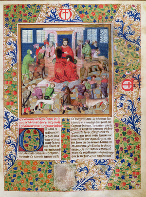 Ms 367/480 fol.1r Gaston Phebus (1331-91) giving orders to his huntsmen, from the 'Livre de la Chasse' by Gaston Phebus de Foix (vellum)