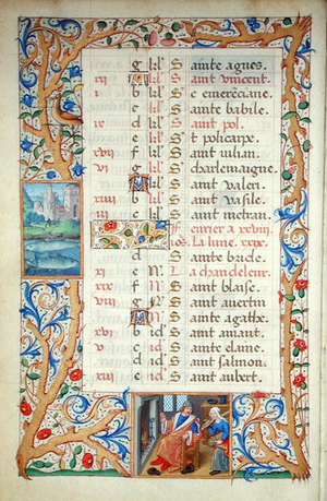 Ms 81/1057 The Month of February: Pisces and a Man Warming himself by the Fire, from the 'Heures de Nicolas Le Camus' (vellum)