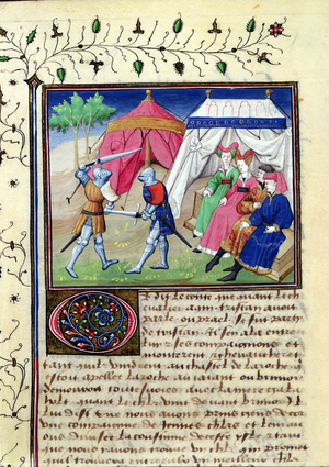 Ms 648/404 f.50v Two Knights Duelling in Front of Tents, from Roman des Chevaliers Galaad, Tristan et Lancelot (vellum)