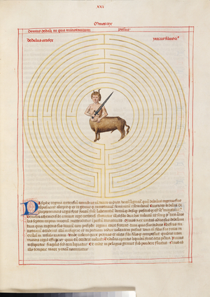 Ms 724/1596 fol.21r The Minotaur in the Labyrinth, from 'Liber Floridus' by Lambert de Saint-Omer, c.1448 (vellum)