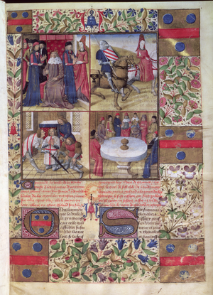 Ms 645-647/315-317 t.3 fol.1 King Arthur; Lancelot and the Lady; the arming of Sir Galahad; the Round Table and the Holy Grail, from the Roman de Tristan (vellum) (for detail see 37036)