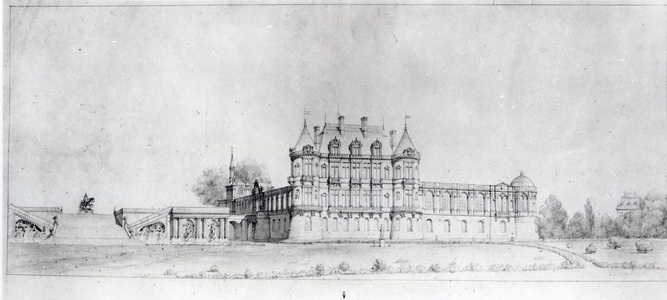 View of the Chateau de Chantilly from the South (pen & ink on paper) (b/w photo)