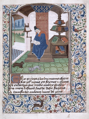 Ms 291/660 Fol.1 The Author Writing His Book, from 'Fleurs de Toutes Vertus' (vellum)