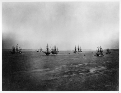 French fleet in Brest harbour, c.1856-57 (salted paper albumen print from a glass negative) (b/w photo)