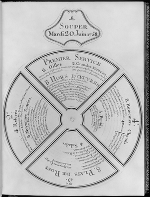 First journey of King Louis XV (1710-74) to Choisy, Supper menu of Tuesday 20th June 1758, 1758 (pen & ink on paper) (b/w photo)