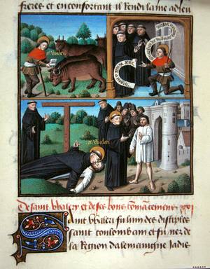 Ms 722/1196 fol.50v, Scenes from the life of St Valery, from Le Miroir Historial, by Vincent de Beauvais (vellum)