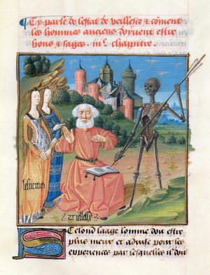 Ms 297/1338 fol.101r Old Age, from the Book of Good Morals, by Jacques le Grant (1360-1415) (vellum)