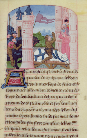 Ms 869/522 fol.54r Arrival of a knight at a castle (vellum)