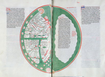 Ms 724/1596 fol.70v & 71r, Map: rivers and oceans, from 'Liber Floridus' by Lambert de Saint-Omer, c.1448 (vellum)