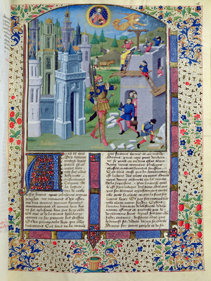 Ms 728/312 fol.181v King Nimrod of Babylon and the building of the Tower of Babel, French edition of original written by Jean de Courcy (c.1350-1431) (vellum)