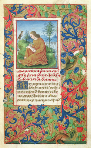 Ms 78/1567 fol.13 St. John the Evangelist on the Island of Patmos, from 'Heures dites de Jules II' (vellum)