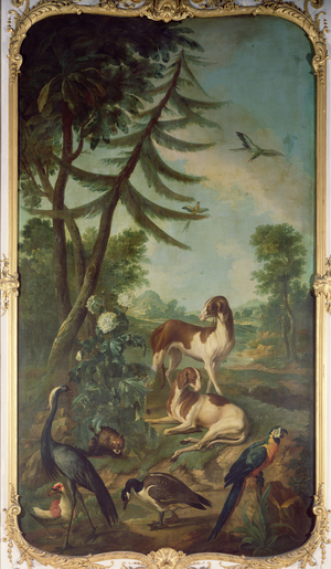 A Macaw, a Barbary Duck, a Canada Goose, a Crane and Two Dogs, panel from the bedroom of Louis Henri I (1692-1740) Prince de Conde (oil on canvas)
