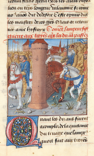 Ms 869/522 fol.2r Charlemagne (742-814) Waging War on the Trojans, 1217-37 (vellum)