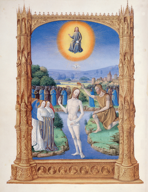 Ms 65/1284 f.109v St. John the Baptist baptising Christ, from Tres Riches Heures du Duc de Berry, early 15th century (vellum)