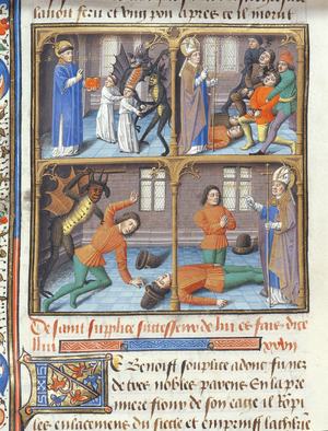 Ms 722/1196 fol.52v, Scenes from the life of St Sulpicius, from Le Miroir Historial, by Vincent de Beauvais (vellum)