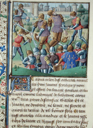 Ms 722/1196 fol.110v A Battle Scene, from Le Miroir Historial, by Vincent de Beauvais (vellum)
