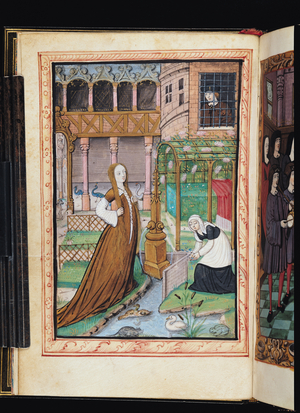 Ms 388/1475 f.4v A Garden inside a Palace with a Woman and her Servant (vellum)