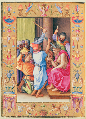 Ms 39/1601 The Mocking of Christ, from 'Passio Domini Nostri Jesu Christi Secundum Joannem' (vellum)