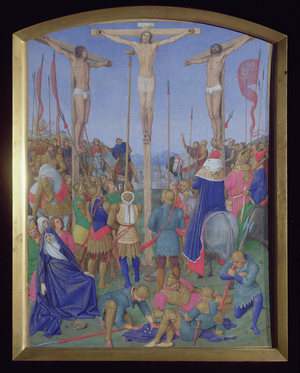 Ms Fr 71 fol.19 Calvary, from the Hours of Etienne Chevalier, c.1445 (vellum)