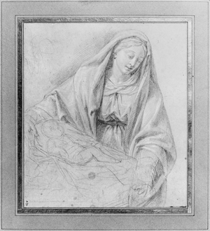 The Virgin holding the Child in his cradle (black and white pencil on grey paper) (b/w photo)